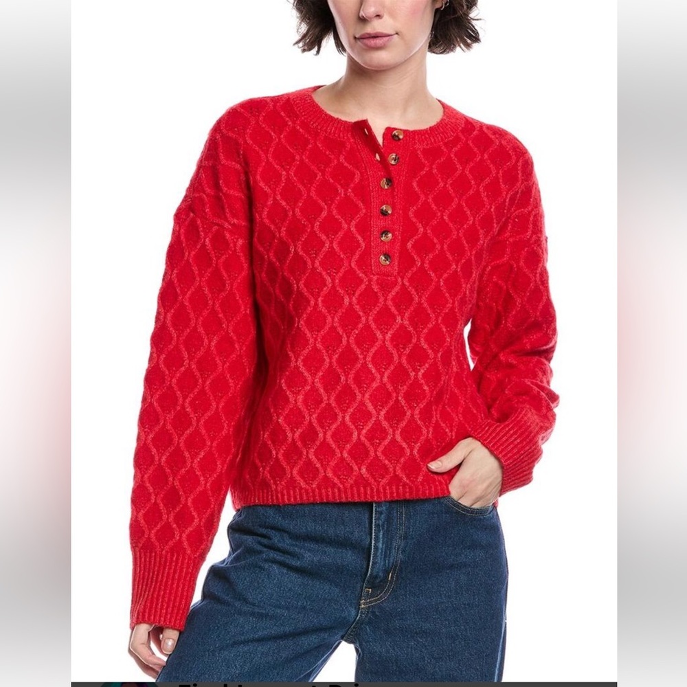 NWT, dh NEW YORK, Red Cable Knit Crewneck Sweater with Button Placket, Size M